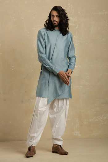 Charkhee Blue Chanderi Kurta Set Online at Aza Fashions Charkhee_Blue Chanderi Kurta Set _Online_at_Aza_Fashions