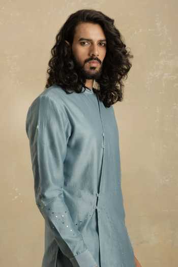 Shop Charkhee Blue Chanderi Kurta Set Online at Aza Fashions Shop_Charkhee_Blue Chanderi Kurta Set _Online_at_Aza_Fashions