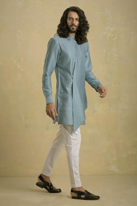 Shop_Charkhee_Blue Chanderi Kurta Set _at_Aza_Fashions