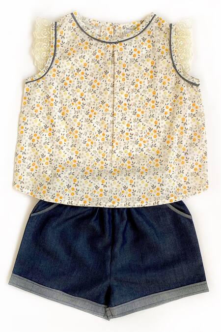 Taramira_Blue Cotton Printed Top And Shorts Set_Online_at_Aza_Fashions