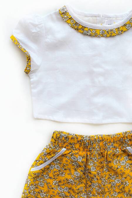 Buy_Taramira_Yellow Cotton Puffed Sleeve Top And Shorts Set_Online_at_Aza_Fashions