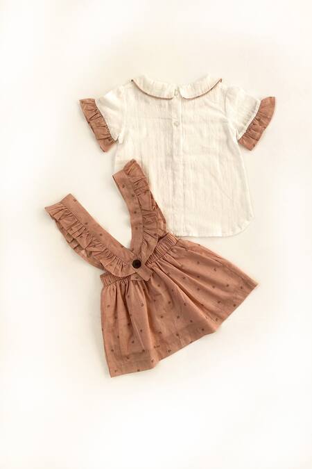 Shop_Taramira_White Cotton Blend Printed Floral Top And Pinafore Dress Set_at_Aza_Fashions
