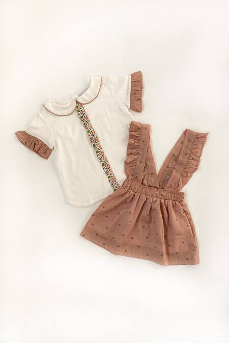 Taramira_White Cotton Blend Printed Floral Top And Pinafore Dress Set_Online_at_Aza_Fashions