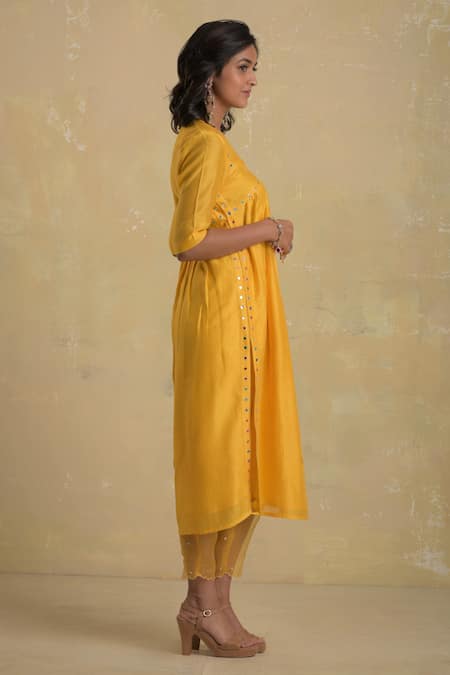 Charkhee_Yellow Kurta Chanderi Lining Cotton Pant Cotton, Organza Embroidered Set _Online_at_Aza_Fashions