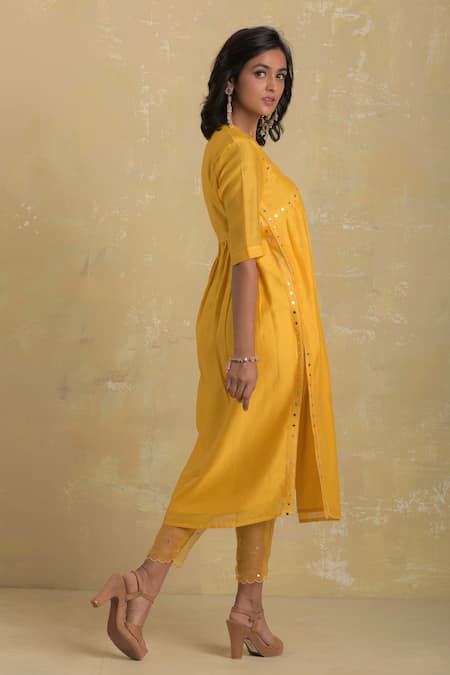 Buy_Charkhee_Yellow Kurta Chanderi Lining Cotton Pant Cotton, Organza Embroidered Set _Online_at_Aza_Fashions