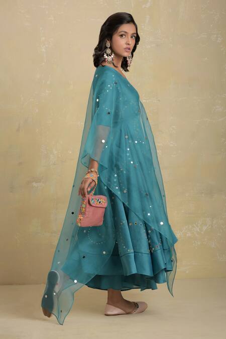 Charkhee_Green Kurta Chanderi Lining  Cotton Palazzos Embroidered Anarkali Set_Online_at_Aza_Fashions