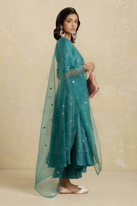 Buy_Charkhee_Green Kurta Chanderi Lining  Cotton Palazzos Embroidered Anarkali Set_Online_at_Aza_Fashions