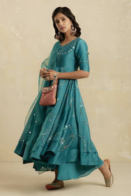 Shop_Charkhee_Green Kurta Chanderi Lining  Cotton Palazzos Embroidered Anarkali Set_Online_at_Aza_Fashions