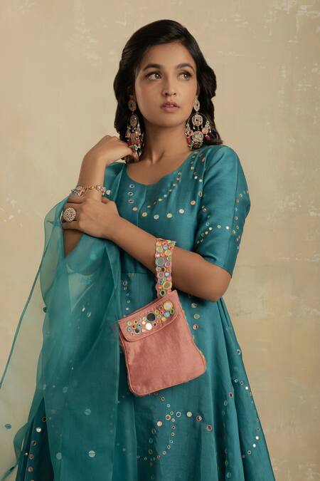 Charkhee_Green Kurta Chanderi Lining  Cotton Palazzos Embroidered Anarkali Set_at_Aza_Fashions