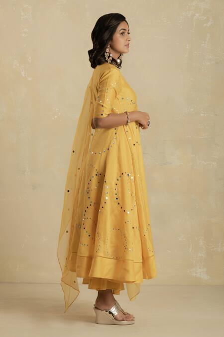 Charkhee_Yellow Kurta Chanderi Lining  Cotton Palazzos Embroidered Anarkali Set _Online_at_Aza_Fashions
