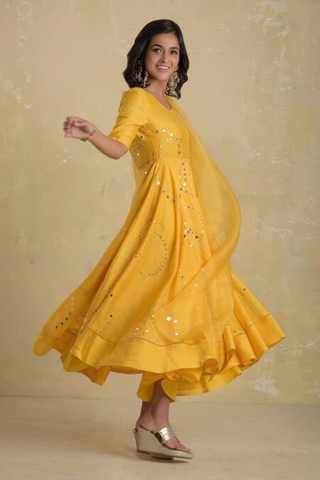 Buy_Charkhee_Yellow Kurta Chanderi Lining  Cotton Palazzos Embroidered Anarkali Set _Online_at_Aza_Fashions
