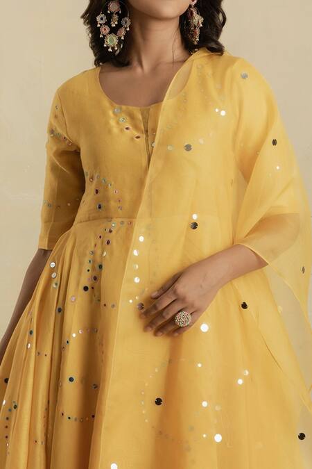 Shop_Charkhee_Yellow Kurta Chanderi Lining  Cotton Palazzos Embroidered Anarkali Set _Online_at_Aza_Fashions