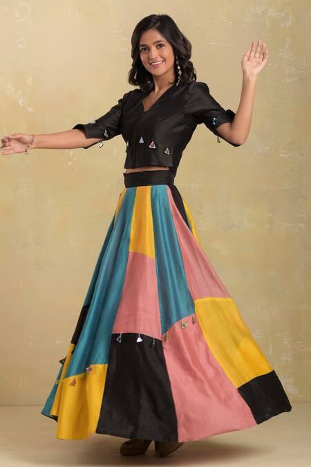 Buy Charkhee Black Lehenga And Blouse Chanderi Lining Cotton V Neck Set Online at Aza Fashions Buy_Charkhee_Black Lehenga And Blouse Chanderi Lining Cotton V Neck Set _Online_at_Aza_Fashions