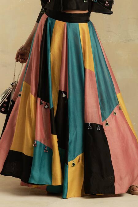 Charkhee Black Lehenga And Blouse Chanderi Lining Cotton V Neck Set at Aza Fashions Charkhee_Black Lehenga And Blouse Chanderi Lining Cotton V Neck Set _at_Aza_Fashions