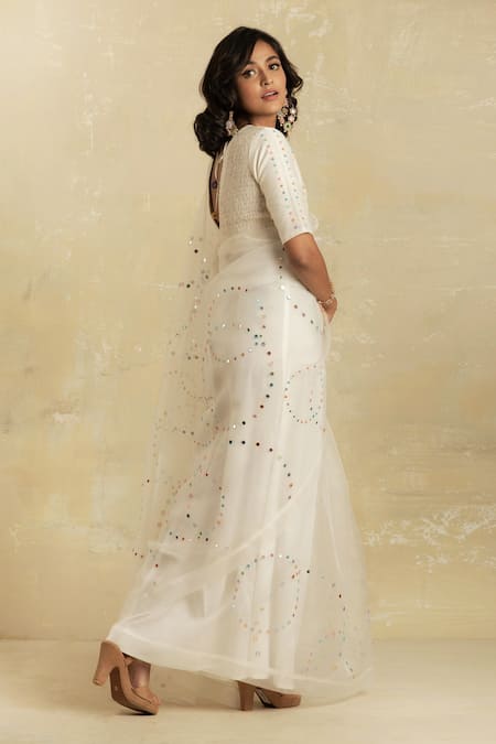 Charkhee_White Saree Organza Blouse Chanderi Embroidery V Neck With _Online_at_Aza_Fashions