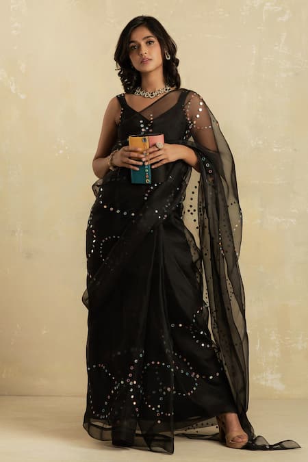 Buy_Charkhee_Black Saree Organza Blouse Chanderi Embroidery V Neck With _Online_at_Aza_Fashions