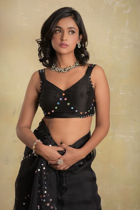 Shop_Charkhee_Black Saree Organza Blouse Chanderi Embroidery V Neck With _Online_at_Aza_Fashions