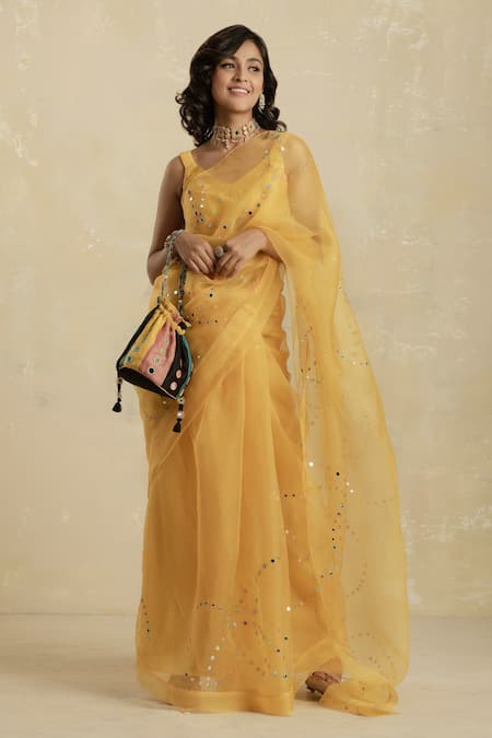 Charkhee_Yellow Saree Organza Blouse Chanderi V Neck Embroidered With _Online_at_Aza_Fashions