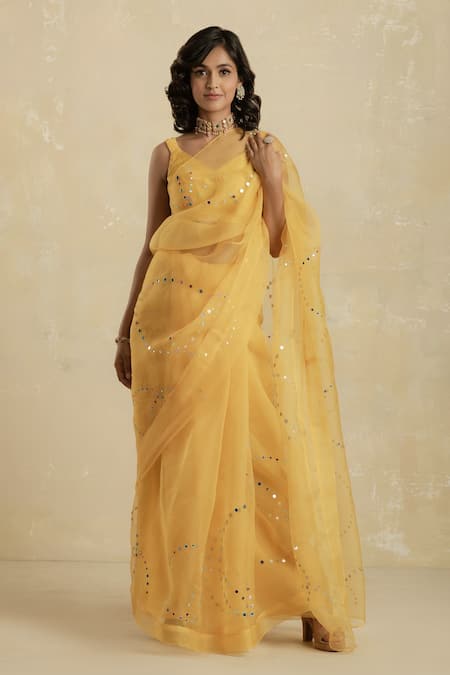 Buy_Charkhee_Yellow Saree Organza Blouse Chanderi V Neck Embroidered With _Online_at_Aza_Fashions
