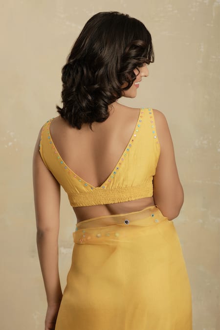 Charkhee_Yellow Saree Organza Blouse Chanderi V Neck Embroidered With _at_Aza_Fashions