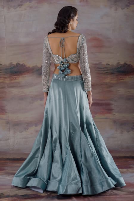 Shop_Payal & Zinal_Blue Net, Gajji Silk Floral Notched Lehenga Set _at_Aza_Fashions