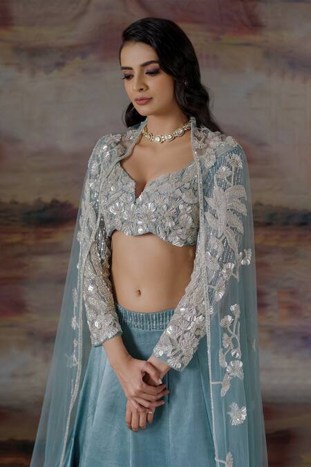 Payal & Zinal_Blue Net, Gajji Silk Floral Notched Lehenga Set _Online_at_Aza_Fashions