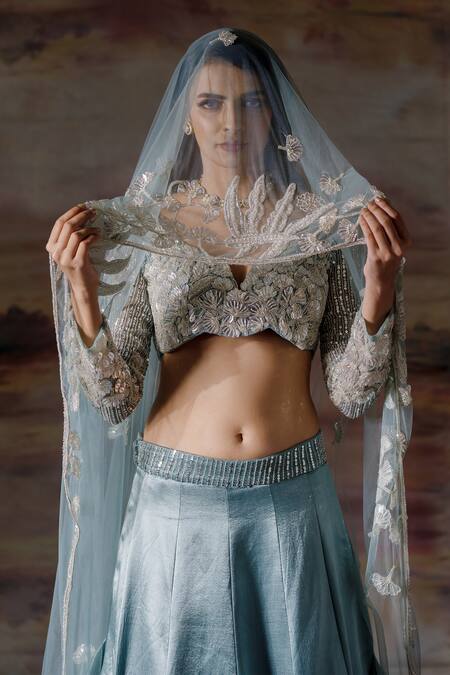 Buy_Payal & Zinal_Blue Net, Gajji Silk Floral Notched Lehenga Set _Online_at_Aza_Fashions