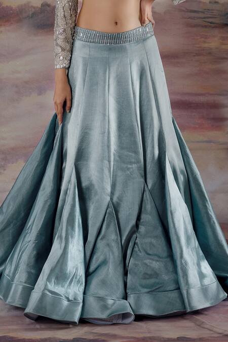 Payal & Zinal Blue Net, Gajji Silk Floral Notched Lehenga Set at Aza Fashions Payal & Zinal_Blue Net, Gajji Silk Floral Notched Lehenga Set _at_Aza_Fashions