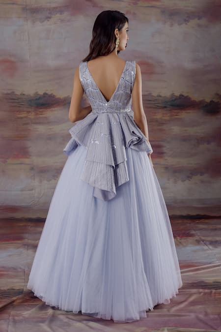 Shop Payal & Zinal Blue Net, Gajji Silk Sequin V Neck Lehenga And Peplum Top Set at Aza Fashions Shop_Payal & Zinal_Blue Net, Gajji Silk Sequin V Neck Lehenga And Peplum Top Set _at_Aza_Fashions