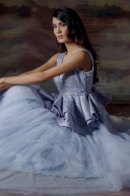 Payal & Zinal Blue Net, Gajji Silk Sequin V Neck Lehenga And Peplum Top Set Online at Aza Fashions Payal & Zinal_Blue Net, Gajji Silk Sequin V Neck Lehenga And Peplum Top Set _Online_at_Aza_Fashions