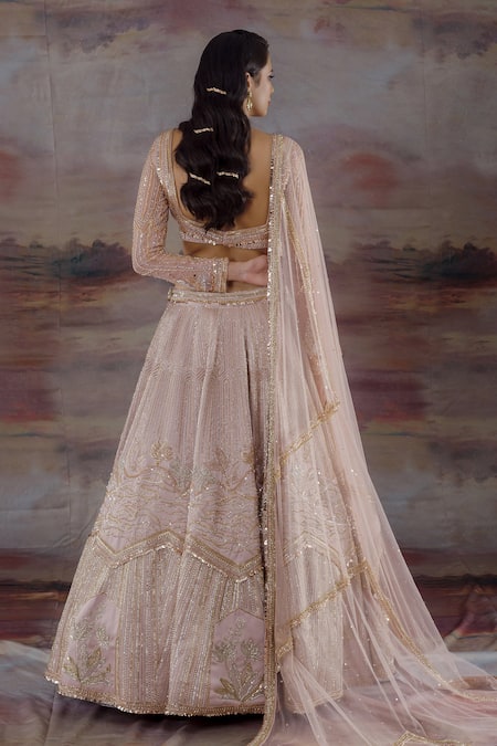 Shop_Payal & Zinal_Peach Net, Imported Satin Floral, Geometric V Embroidered Bridal Lehenga Set _at_Aza_Fashions