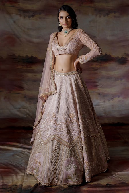 Payal & Zinal_Peach Net, Imported Satin Floral, Geometric V Embroidered Bridal Lehenga Set _Online_at_Aza_Fashions