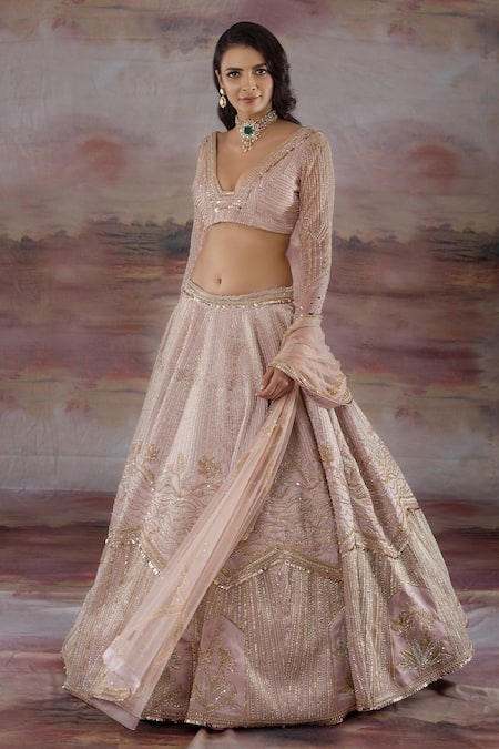 Buy_Payal & Zinal_Peach Net, Imported Satin Floral, Geometric V Embroidered Bridal Lehenga Set _Online_at_Aza_Fashions