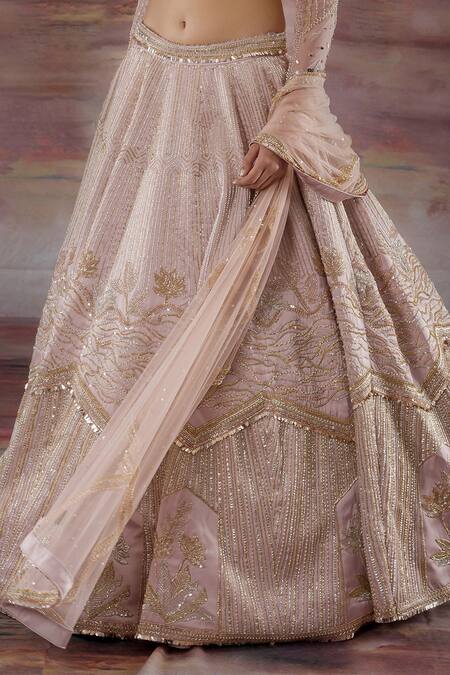 Payal & Zinal_Peach Net, Imported Satin Floral, Geometric V Embroidered Bridal Lehenga Set _at_Aza_Fashions