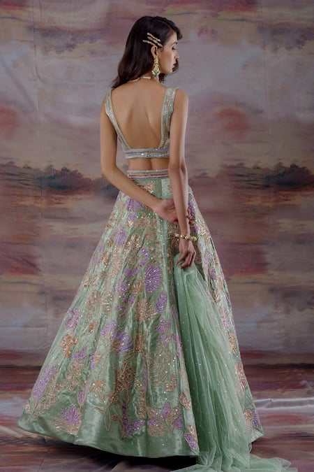 Shop_Payal & Zinal_Green Net, Gajji Silk Floral V Neck Embroidered Bridal Lehenga Set _at_Aza_Fashions