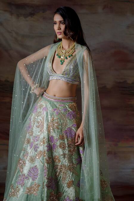 Payal & Zinal_Green Net, Gajji Silk Floral V Neck Embroidered Bridal Lehenga Set _Online_at_Aza_Fashions