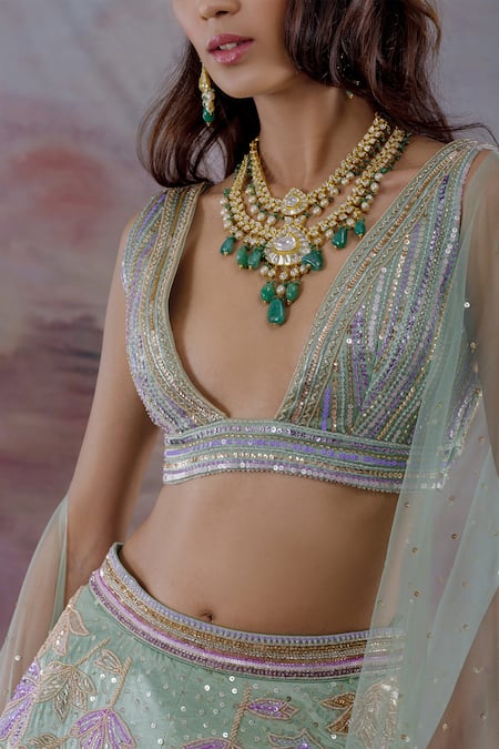 Buy_Payal & Zinal_Green Net, Gajji Silk Floral V Neck Embroidered Bridal Lehenga Set _Online_at_Aza_Fashions