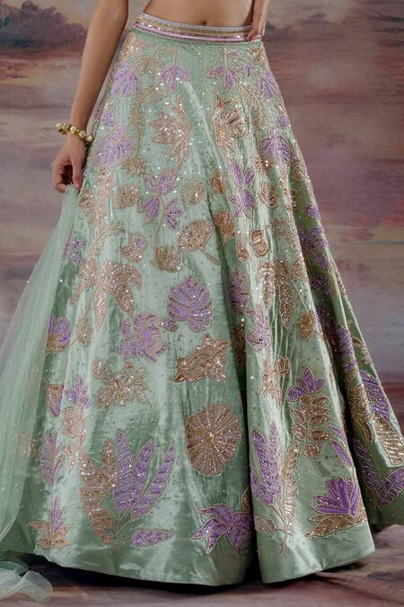 Shop Payal & Zinal Green Net, Gajji Silk Floral V Neck Embroidered Bridal Lehenga Set Online at Aza Fashions Shop_Payal & Zinal_Green Net, Gajji Silk Floral V Neck Embroidered Bridal Lehenga Set _Online_at_Aza_Fashions