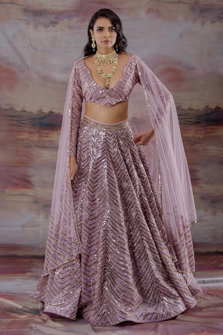 Payal & Zinal_Purple Organza, Net Geometric Scoop Neck Embroidered Bridal Lehenga Set _Online_at_Aza_Fashions