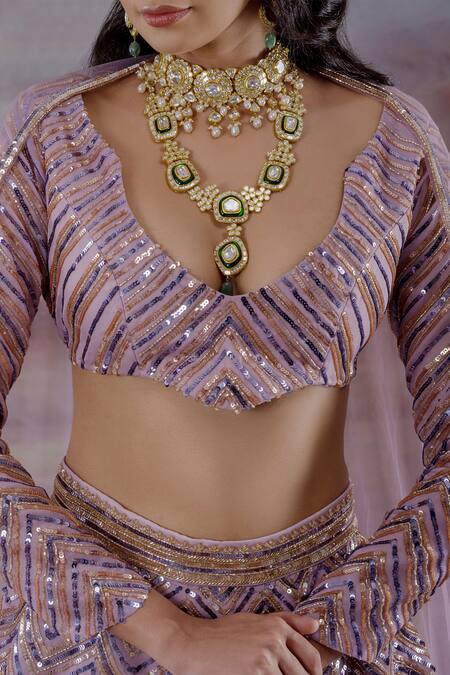 Shop_Payal & Zinal_Purple Organza, Net Geometric Scoop Neck Embroidered Bridal Lehenga Set _Online_at_Aza_Fashions
