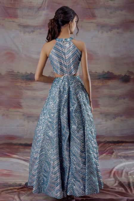Shop_Payal & Zinal_Blue Organza Geometric Round Embroidered Gown _at_Aza_Fashions