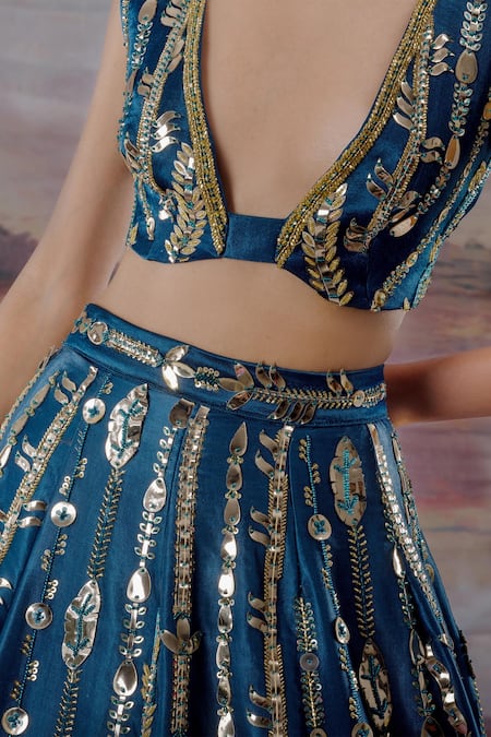 Payal & Zinal_Blue Gajji Silk Sequin V Neck Embroidered Lehenga Set _Online_at_Aza_Fashions