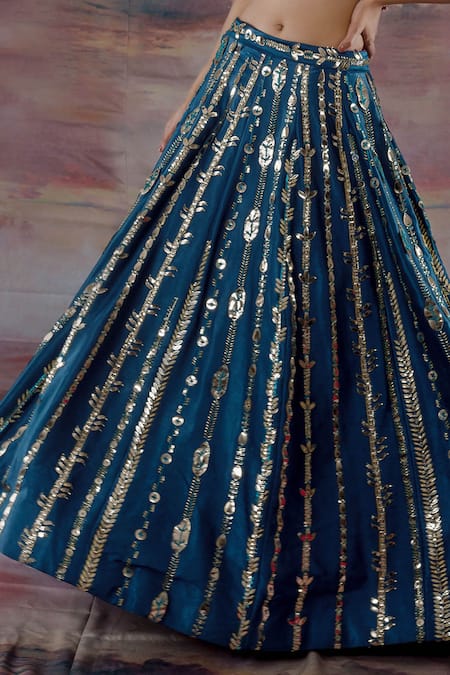 Buy_Payal & Zinal_Blue Gajji Silk Sequin V Neck Embroidered Lehenga Set _Online_at_Aza_Fashions
