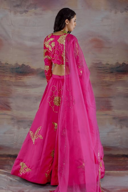 Shop_Payal & Zinal_Pink Organza, Gajji Silk Abstract, Hexagon V Neck Embroidered Lehenga Set _at_Aza_Fashions