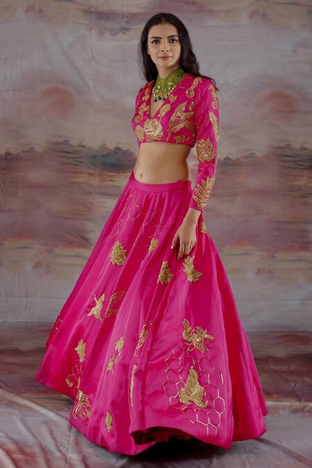 Payal & Zinal_Pink Organza, Gajji Silk Abstract, Hexagon V Neck Embroidered Lehenga Set _Online_at_Aza_Fashions