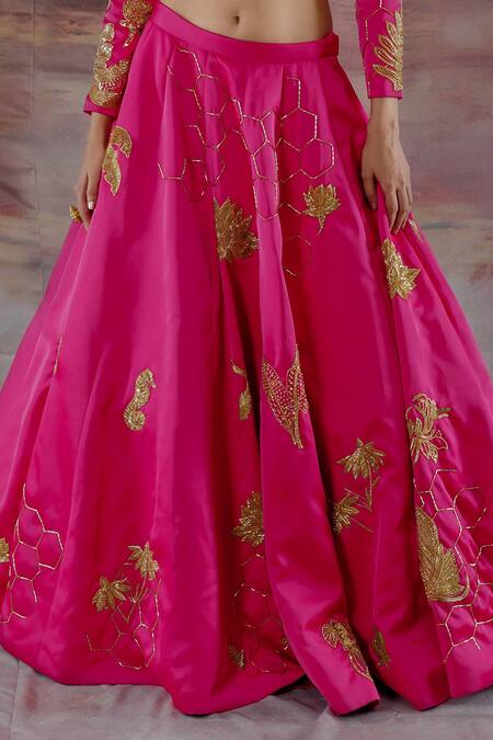 Shop_Payal & Zinal_Pink Organza, Gajji Silk Abstract, Hexagon V Neck Embroidered Lehenga Set _Online_at_Aza_Fashions