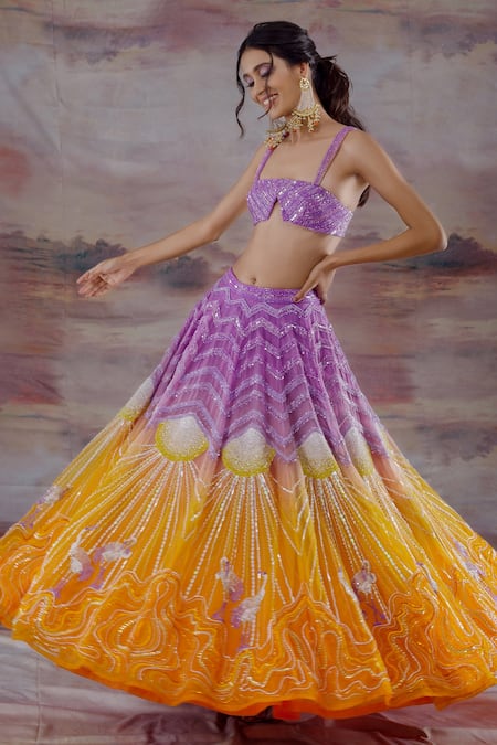 Shop_Payal & Zinal_Purple Organza Bird Square Neck Embroidered Lehenga Set _at_Aza_Fashions
