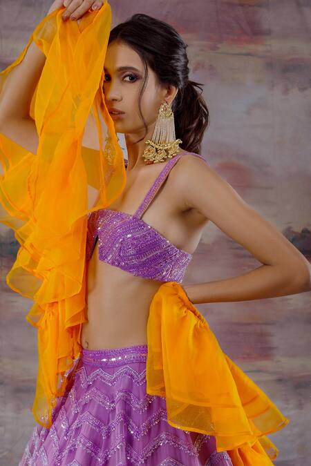 Payal & Zinal_Purple Organza Bird Square Neck Embroidered Lehenga Set _Online_at_Aza_Fashions