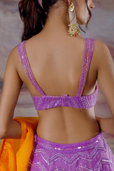 Buy_Payal & Zinal_Purple Organza Bird Square Neck Embroidered Lehenga Set _Online_at_Aza_Fashions