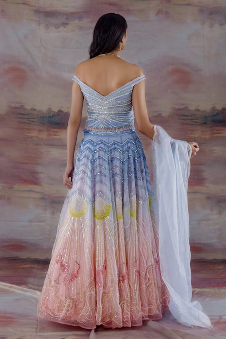 Shop Payal & Zinal Blue Organza Bird Sweetheart Neck Embroidered Lehenga Set at Aza Fashions Shop_Payal & Zinal_Blue Organza Bird Sweetheart Neck Embroidered Lehenga Set _at_Aza_Fashions